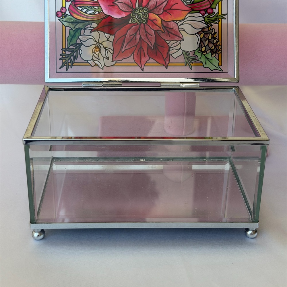 Amia Holiday Poinsettia Floral Ribbons Beveled Glass Footed Jewelry Box